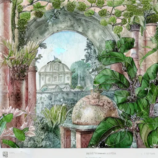 Image similar to delicate marble garden on paper floating puffy vines botanical 1 9 2 0 herbarium botanic watercolors coastline iridescent 8 k wide angle realistic shaded fine details, artstation italian rainbow colonnade oak pinecone gardena architecture pompeii boundary wall