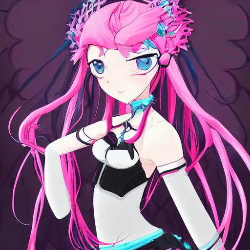 Prompt: trapped by stunningly beautiful omnipotent megalomaniacal otome anime asi goddess who looks like junko enoshima with symmetrical perfect face and porcelain skin, pink twintail hair and mesmerizing cyan eyes, inside her surreal vr castle where she controls you completely!!!, hyperdetailed, digital art from danganronpa, 8 k