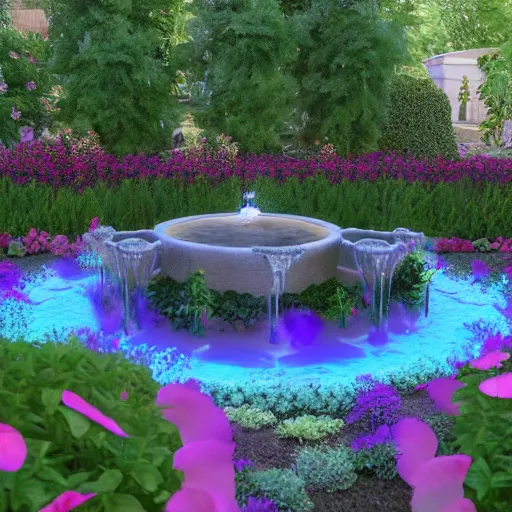 Prompt: A beautiful and serene garden, with a bubbling fountain in the center, and a variety of flowers and plants all around, rendered in unreal engine, 4k resolution, Bloom effect, photorealistic, professional grade, professional photo.