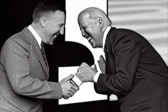 Image similar to “ very very intricate photorealistic photo of hitler and joe biden laughing together, detailed natural lighting, award - winning crisp details ”