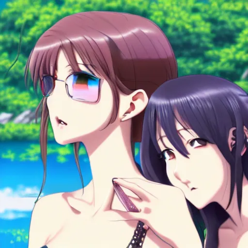 Prompt: two beautiful lesbian girls in love, smoking a weed joint with smoke, sitting in front of a lake, in the style of anime, close - up, highly detailed face, 4 k, artstation, intricate, elegant, highly detailed, lush, stylized, japanese, smooth