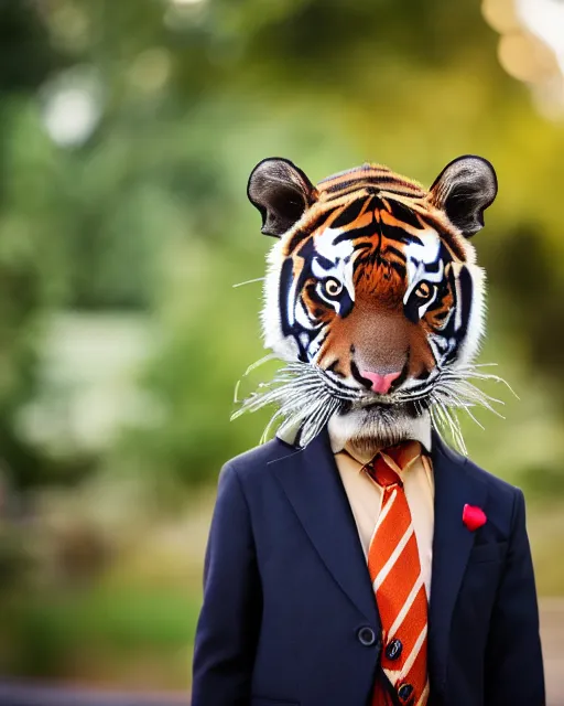 Image similar to high quality presentation photo of a tiger dressed in a dark suit and tie, photography 4k, f1.8 anamorphic, bokeh, 4k, 85mm lens