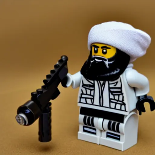 Image similar to lego set of osama bin laden wearing a white turban holding an rpg in afghanistan desert