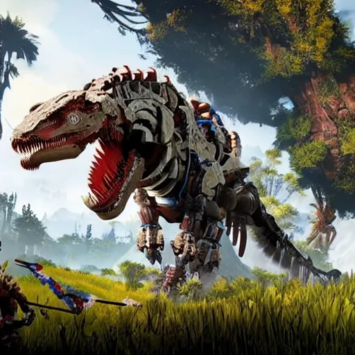 Image similar to gameplay of horizon zero dawn, si - fi robotic tyrannosaurus rex, highly detailed