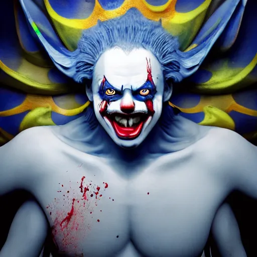 Prompt: 4K headshot of godlike clown with blue skin with defined arms and open hands and bloody clothes with giant mandala wings , white intricate scary clown makeup , flawless anime cel animation by Kentaro Miura, psychedelic , highly detailed upper body , professionally post-processed , beautiful, scary, symmetry accurate features, epic, octane rendered, anime masterpiece, accurate