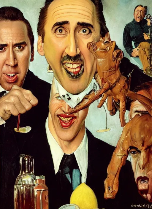 Image similar to full body and head portrait of nicholas cage looking confused about crazy evil in a restaurant, painted by norman rockwell and tom lovell and frank schoonover