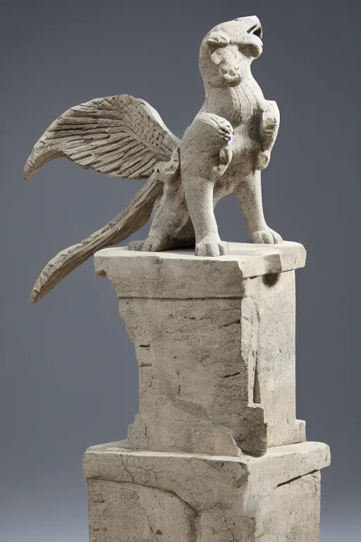 Prompt: a stone sculpture of a winged panther sitting on a pedestal with intricate carvings and fine detail