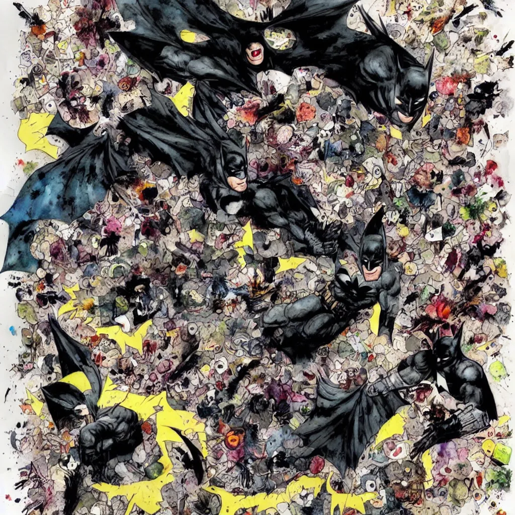 Prompt: Batman and squirrel-man, dark psychedelic watercolor by David Choe