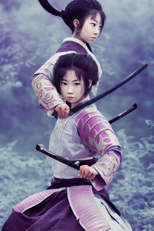 Image similar to highly detailed beautiful photo of a young female samurai, practising sword stances, symmetrical face, beautiful eyes, realistic anime art style, 8 k, award winning photo, pastels, action photography, 1 / 1 2 5 shutter speed, dramatic lighting