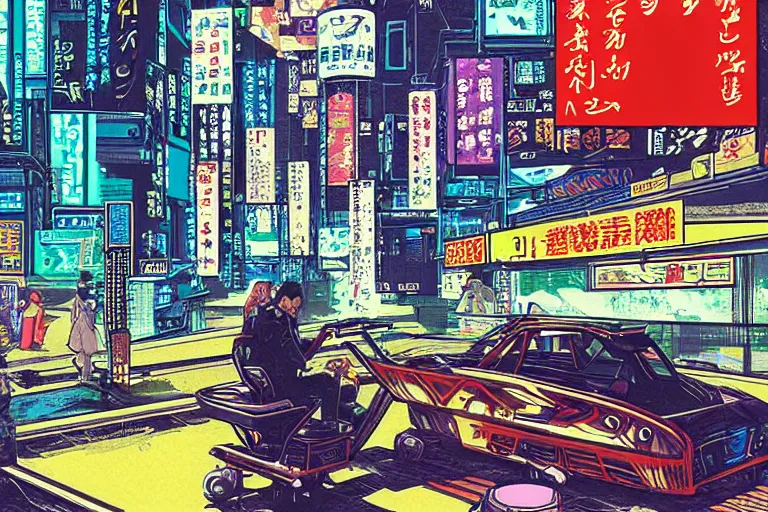 Image similar to cart driving down neo - tokyo outskirts. art in the style of vincent di fate's cyberpunk 2 0 2 0.