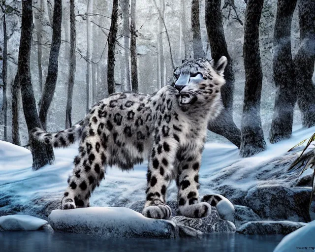 Image similar to a snow leopard standing on a riverbank in a snowy forest forest, natural lighting, very coherent, ultra realistic, concept art, intricate details, highly detailed, photorealistic, octane render, 8 k, unreal engine