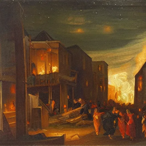 Prompt: ransacked village at night, ablaze, mannerist painting, pre - raphaelite, oil on canvas