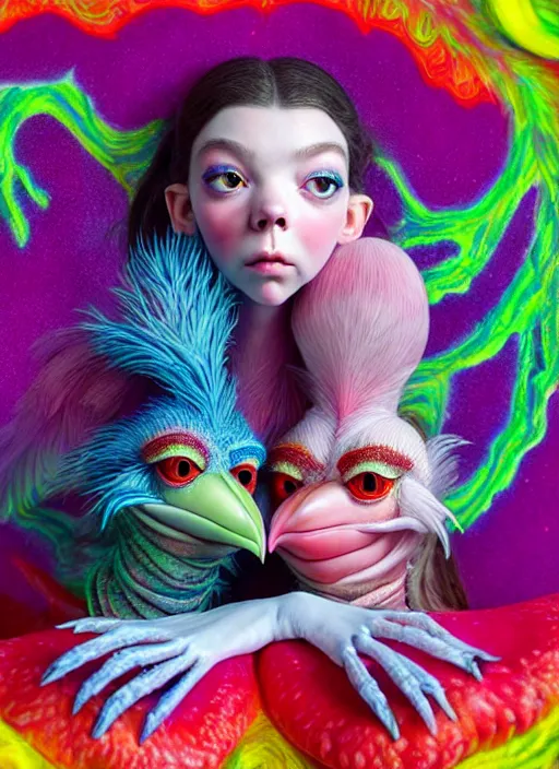 Image similar to hyper detailed 3d render like a Oil painting - kawaii portrait of two Aurora (a beautiful skeksis muppet fae princess protective playful expressive from dark crystal that looks like Anya Taylor-Joy) seen red carpet photoshoot in UVIVF posing in scaly dress to Eat of the Strangling network of yellowcake aerochrome and milky Fruit and His delicate Hands hold of gossamer polyp blossoms bring iridescent fungal flowers whose spores black the foolish stars by Jacek Yerka, Ilya Kuvshinov, Mariusz Lewandowski, Houdini algorithmic generative render, golen ratio, Abstract brush strokes, Masterpiece, Edward Hopper and James Gilleard, Zdzislaw Beksinski, Mark Ryden, Wolfgang Lettl, hints of Yayoi Kasuma and Dr. Seuss, octane render, 8k