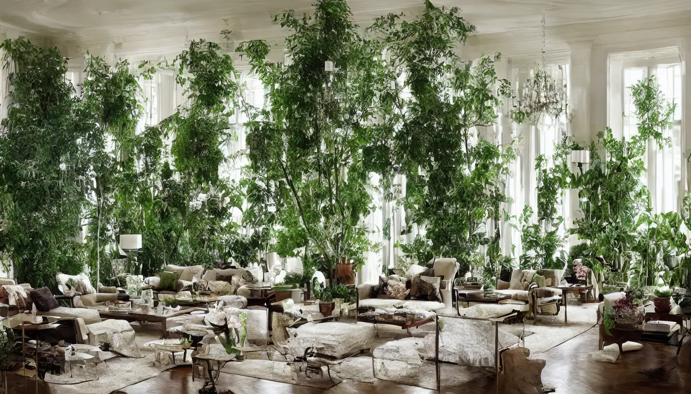 Prompt: luxury living room filled with plants and trees, architectural digest