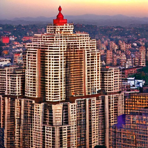 Image similar to a super high - rise hindu temple, panning shot, dusk, by corbusier