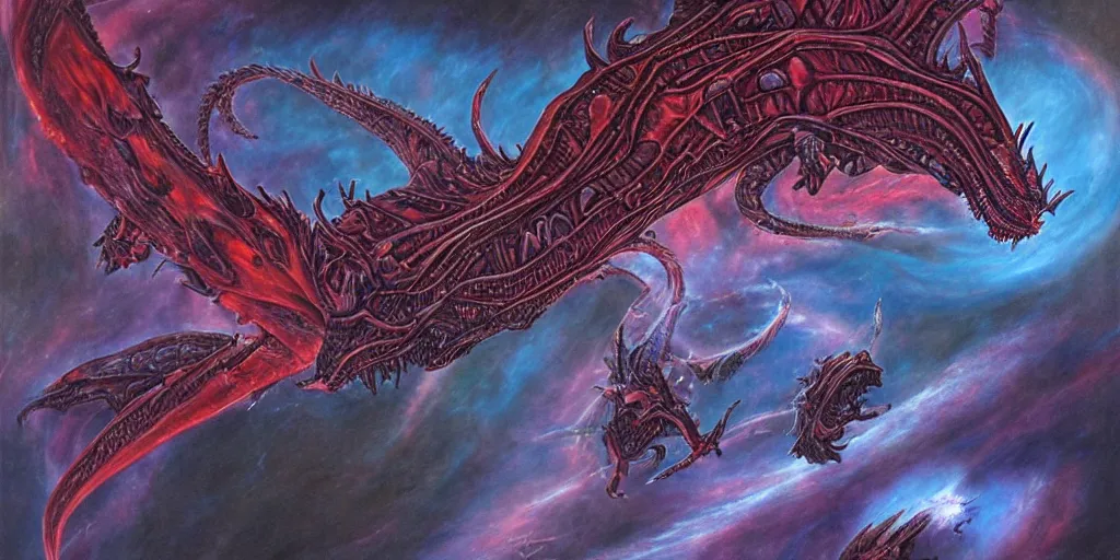 Prompt: an alien dragon flying in outer space, red and purple nebula, Dan Seagrave art