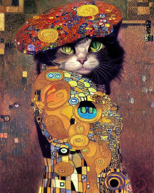 Image similar to punk cat portrait an oil painting splashes with many colors and shapes by gustav klimt greg rutkowski and alphonse mucha, polycount, generative art, psychedelic, fractalism, glitch art