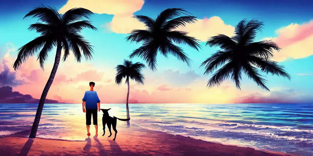 Prompt: a man with his dog in a beach with palm trees in a cloudy sunset, cinematic, hyper realistic, intricate details, anime style