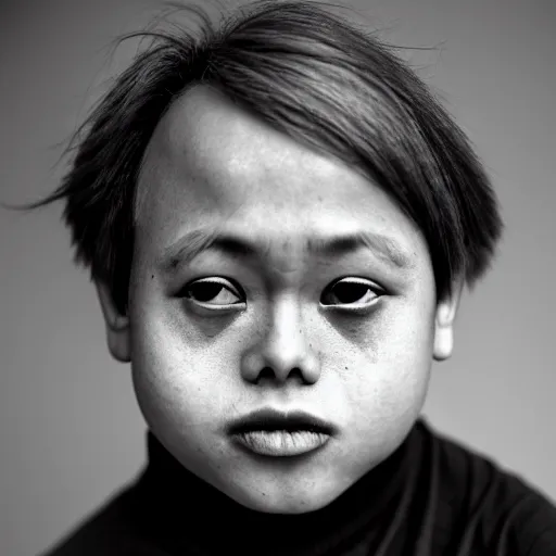 Image similar to portrait of down syndrome xqc, taken by steve mccurry, sharp focus, 4 k editorial photograph, soft lighting, black background