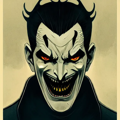 Image similar to handsome vampire king with crown and fangs, symmetrical face, evil, portrait, cinematic, dramatic, powerful, super detailed and intricate, by koson ohara, by darwyn cooke, by greg rutkowski, by satoshi kon