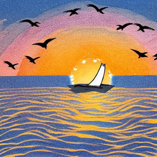 Image similar to A hand-drawn sailboat circled by birds on the sea at sunrise