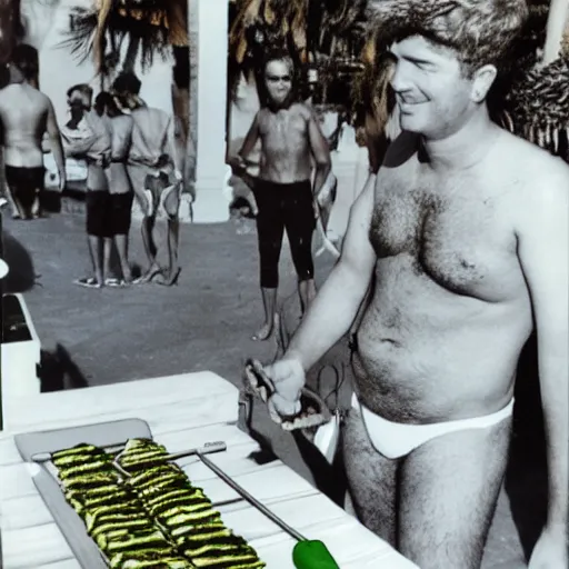 Image similar to polaroid picture of francisco franco grilling skewers in torremolinos with a green thong from bora