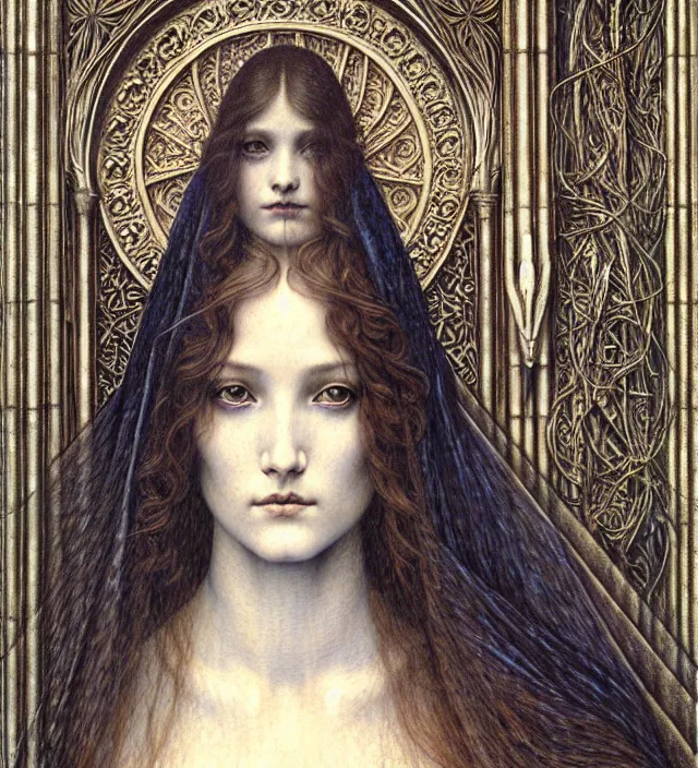 Image similar to detailed realistic beautiful young medieval queen face portrait by jean delville, gustave dore and marco mazzoni, art nouveau, symbolist, visionary, gothic, pre - raphaelite. horizontal symmetry