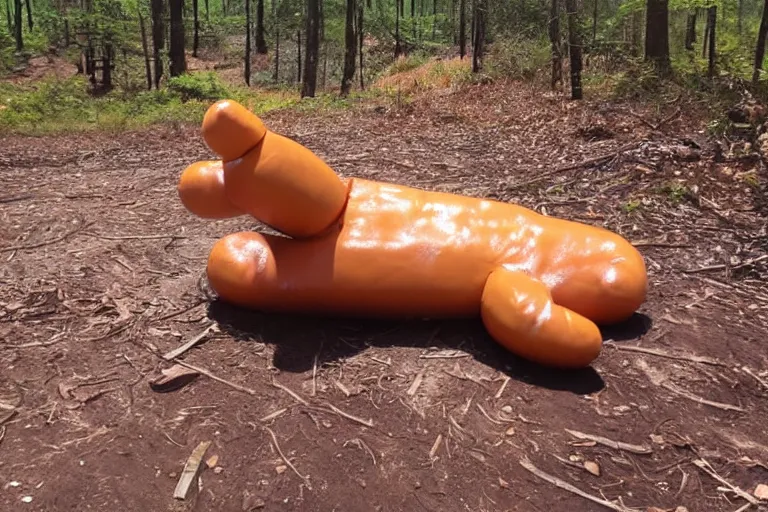 Image similar to trail cam footage of a humanoid hot dog with arms and legs