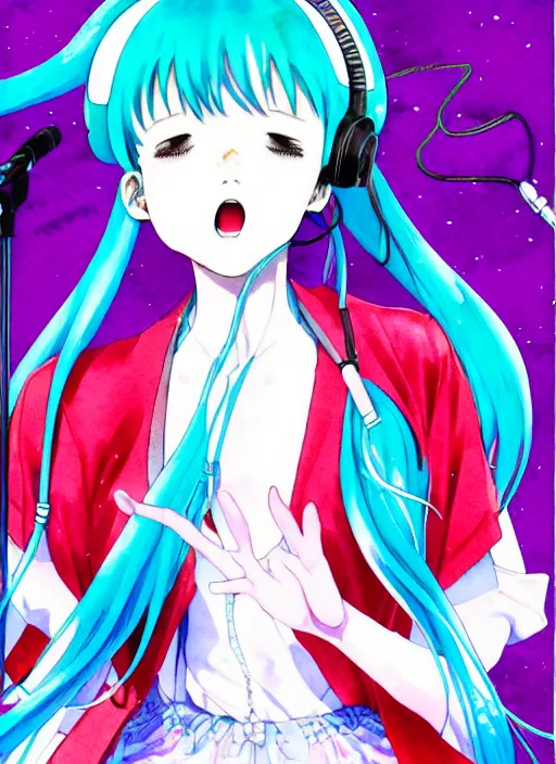 Image similar to a high detail watercolor of miku hatsune singing by Yukito Kishiro and katsuhiro otomo. pixiv fanbox skeb.jp clipstudio medibang ichi-up CGWORLD key visual manga cover