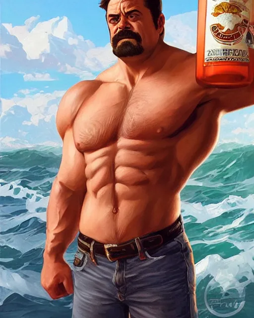 Prompt: gigachad ron swanson bodybuilder holding a keg of beer in final fight ocean by ilya kuvshinov, ernest khalimov body by krista sudmalis, fantasy character portrait, ultra realistic, concept art, intricate details, elegent, digital painting, smooth, sharp focus, illustration, art by artgerm and greg rutkowski and alphonse mucha, artstation