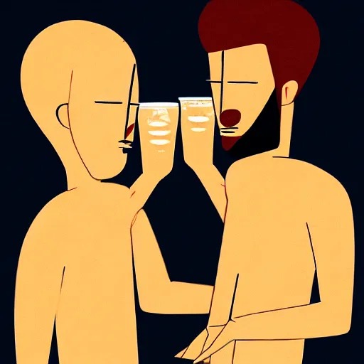 Image similar to two beautiful chad men drinking beers ((hearts)), friendship, love, sadness, dark ambiance, concept by Godfrey Blow, featured on deviantart, drawing, sots art, lyco art, artwork, photoillustration, poster art