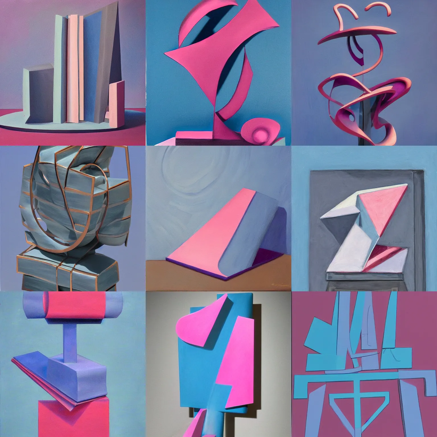 Prompt: a stylized abstract sculpture on top of a blue book with a pink gray background. conceptual art, abstract art, surrealism, oil painting, still life painting, wikiart, high detail.