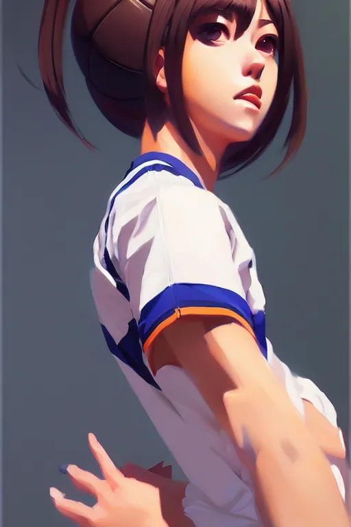 Image similar to a ultradetailed beautiful panting of a stylish woman wearing a volleyball jersey, oil painting, by ilya kuvshinov, greg rutkowski and makoto shinkai