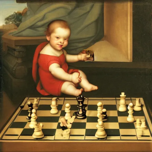 Prompt: baby playing chess by raphael