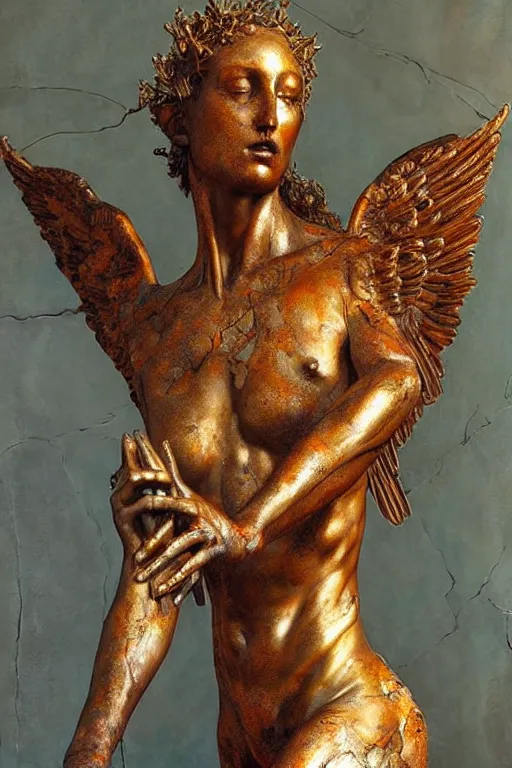 Image similar to realistic detailed statue the holy sacred mechanic angel with stained rust golden wings, body full of scars, made by Karol Bak, Mark Brooks and Bernini. Rich colors. Beksinski and Gerhard Richter painting. Masterpiece