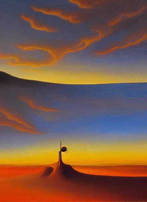 Prompt: high detailed oil painting of sunrise in desert painted by salvador dali