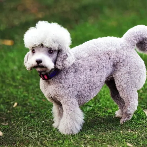 Prompt: a cute old grey hairless toy poodle with Lenticular Sclerosis eats a chicken nugget