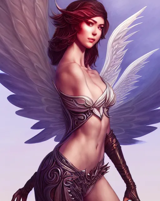 Image similar to 3 / 4 view of woman with wings, confident pose, pixie character, video game genshin impact, intricate, elegant, sharp focus, illustration, highly detailed, concept art, matte, magali villeneuve, artgerm, anime, trending on artstation