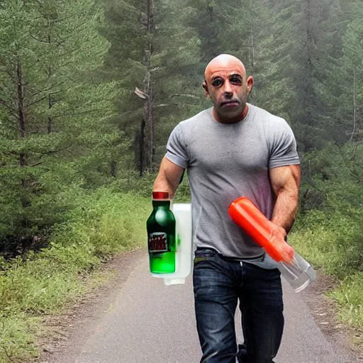 Image similar to Joe Rogan carrying a giant syringe of full of green liquid that says \'IVERMECTIN\' while riding atop an elk