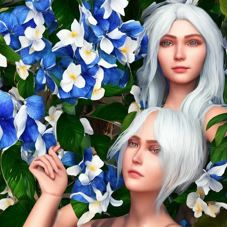 Image similar to “hyperrealistic ultra detailed unreal engine 5 RTX raytracing nvidia hairworks render of portrait of the most beutiful girl with blue eyes and white hair. She is in amazing tropical flowers. Beautiful Photo. Photorealistic”