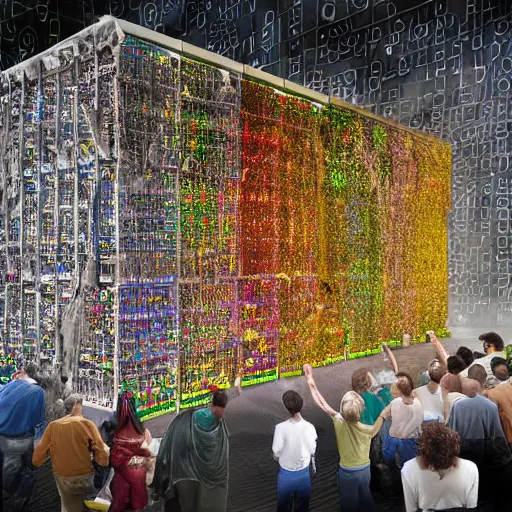 Image similar to diverse groups of humans destroying the supercomputer, from behind, rebirth, beauty, wide angle, elaborate, wet, highly detailed, colors, beautiful lighting