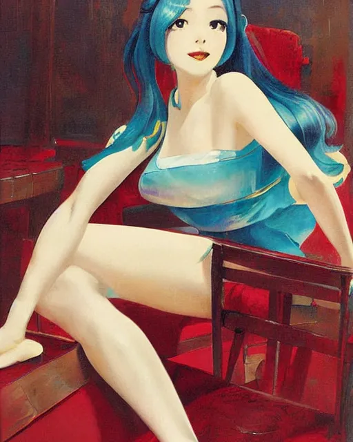 Image similar to A very beautiful painting of hatsune Miku sitting on the chair by Enoch Bolles and Gil Elvgren