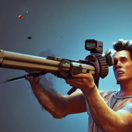 Image similar to hyperrealistic image of ace ventura firing an lmg, stunning 3 d render, inspired by istvan sandorfi & greg rutkowski & unreal engine, perfect symmetry, dim volumetric cinematic lighting, 8 k octane comprehensive render, extremely hyper - detailed, incredibly lifelike attributes, intricate, real flesh texture, masterpiece, artstation, stunning,