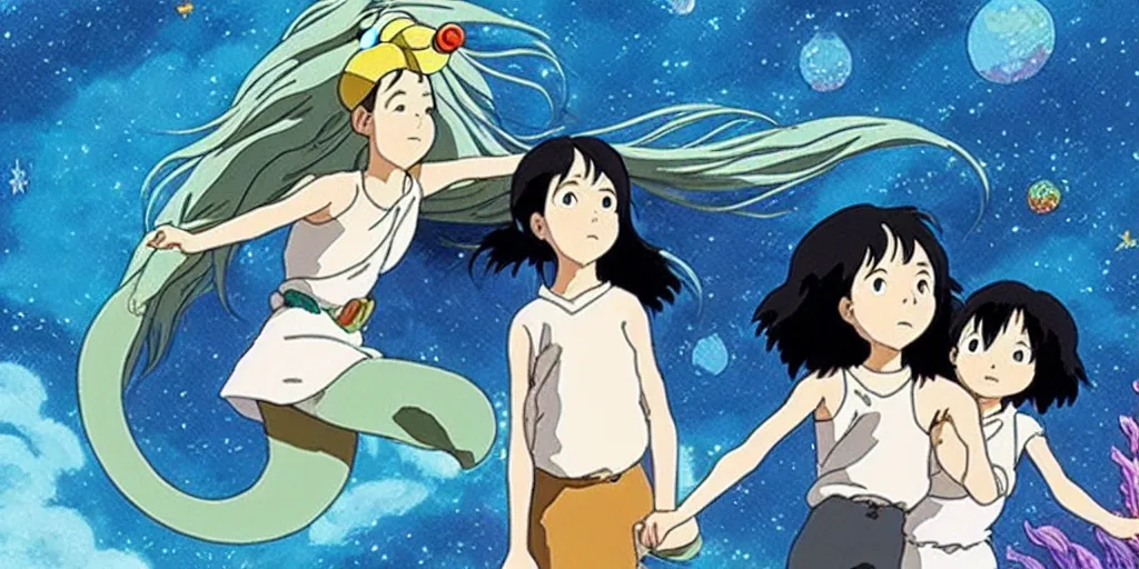 Image similar to studio ghibli animation about a space mermaid film