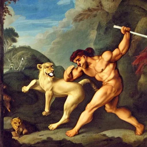 Prompt: hercules fighting a lion.