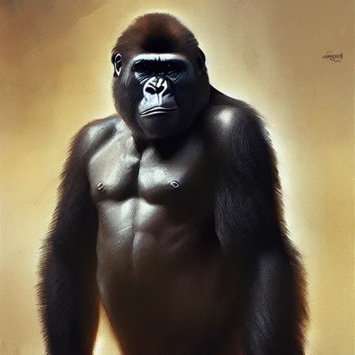 Image similar to a painting of a gorilla, greg rutkowski, leonardo da vinci cinematic lighting, hyper realistic painting