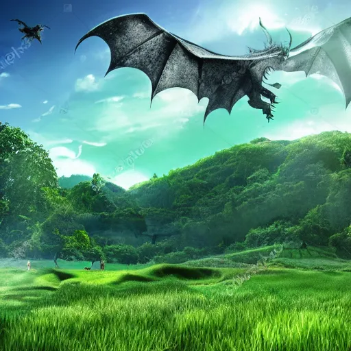 Prompt: a lush green field, with dragons flying overhead, a sense of awe,, monogon, plasma display, glossy, charred, water, ray tracing reflections, in a symbolic and meaningful style,
