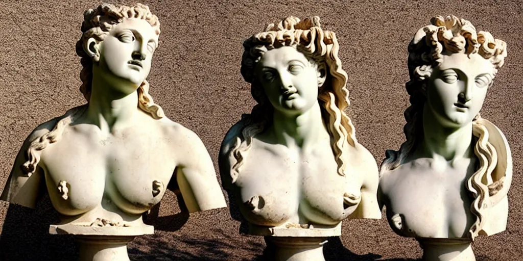 Image similar to ancient greek sculpture, artist unknown, bust, multiple poses, flawless beauty, young woman as medusa, prominent jawline