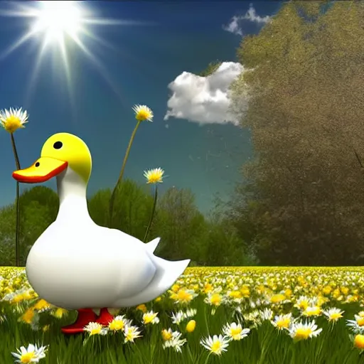 Prompt: A 3d render of a duck walking through a field of daisies in a bright sunny day, with clouds in the sky, lots of little daisies in the field, digital art