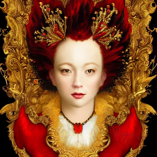 Image similar to portrait of a red monarch, sharp focus, black hair, baroque, rococo, full body, highly detailed, intricate, bird mask, white, regal clothing, gold ethereal light, high fantasy